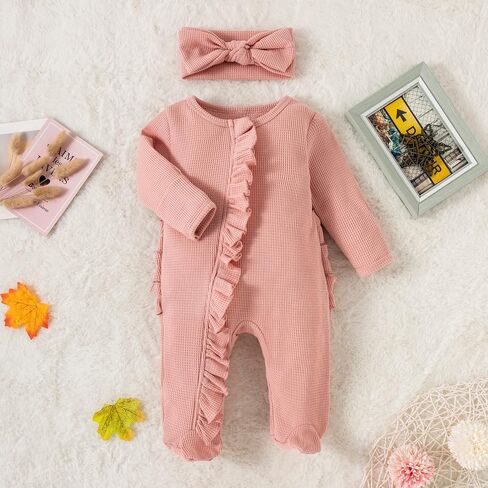 Ayalinggo Newborn Baby Romper Infant Girl One-piece Outfit Waffle Ruffle Zip Footie Spring Summer Clothes With Bow Headband in Saudi Arabia