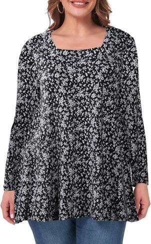 OVERWORETY Womens Plus Size T-Shirt Square Neck Puff Sleeve Loose Casual Tunic Tops in Kuwait