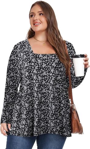 OVERWORETY Womens Plus Size T-Shirt Square Neck Puff Sleeve Loose Casual Tunic Tops in Kuwait