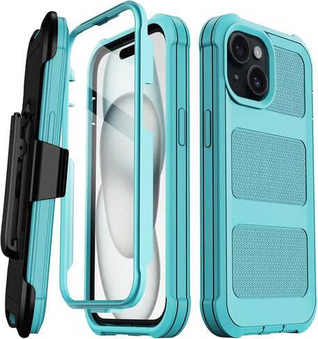 for iPhone 15 Plus Case, [Built-in Screen Protector] Military Grade Drop Protection Cover Heavy Duty Rugged Shockproof Phone Case for iPhone 15 Plus with Kickstand & Belt Clip Holster (Black) in Saudi Arabia