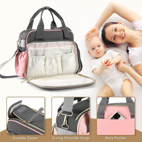 Crossbody Small Diaper Bag, Cute Mini Baby Diaper Tote Bags with Insulated Pockets for Traveling Outdoor Parent, Pink & Gray in Saudi Arabia