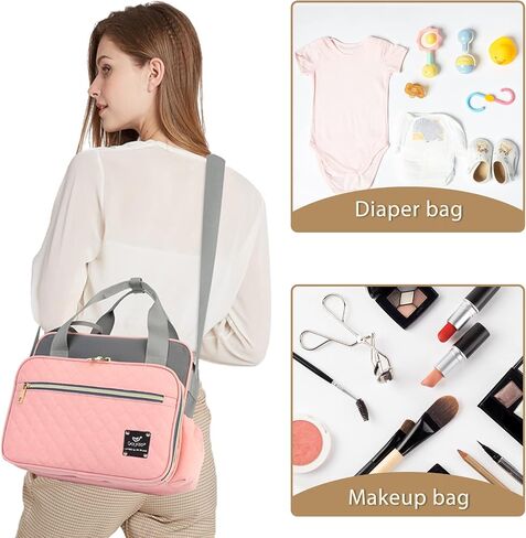 Crossbody Small Diaper Bag, Cute Mini Baby Diaper Tote Bags with Insulated Pockets for Traveling Outdoor Parent, Pink & Gray in Saudi Arabia