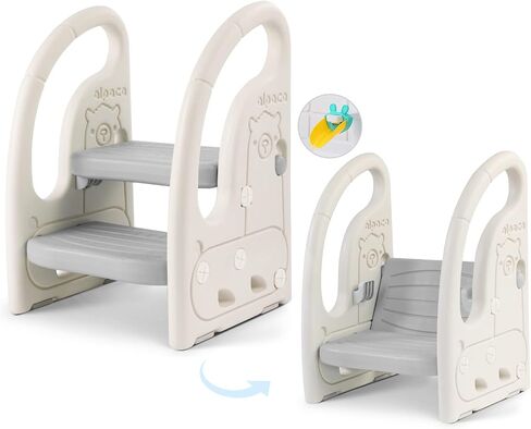 Toddler Step Stool for Bathroom Sink, Adjustable 2 Step Stop for Kids with Handles, Toilet Stool Potty Training, Plastic Ladder Toddler Helper Stool for Bedroom Kitchen Counter Grey White in Saudi Arabia