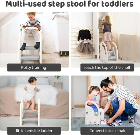 Toddler Step Stool for Bathroom Sink, Adjustable 2 Step Stop for Kids with Handles, Toilet Stool Potty Training, Plastic Ladder Toddler Helper Stool for Bedroom Kitchen Counter Grey White in Saudi Arabia
