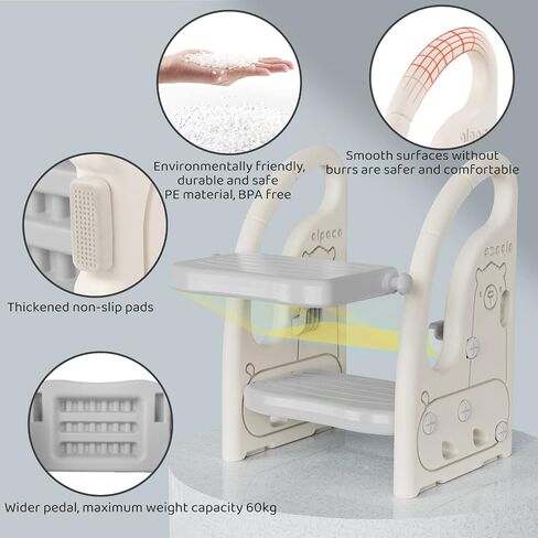 Toddler Step Stool for Bathroom Sink, Adjustable 2 Step Stop for Kids with Handles, Toilet Stool Potty Training, Plastic Ladder Toddler Helper Stool for Bedroom Kitchen Counter Grey White in Saudi Arabia