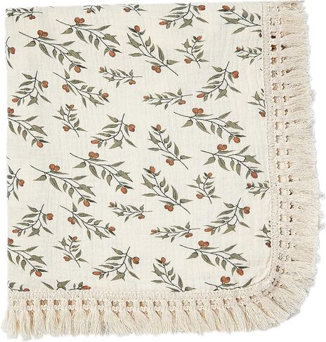 insular Cotton Muslin Baby Blanket with Tassel, Boho Bohemian Muslin Swaddle Blanket Baby Receiving Blanket with Fringe, Nursery Decor Throw or Nursing Blankets, 47" x40", Little Bear in Saudi Arabia