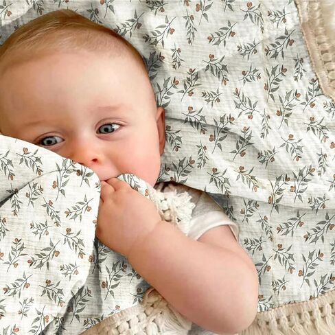 insular Cotton Muslin Baby Blanket with Tassel, Boho Bohemian Muslin Swaddle Blanket Baby Receiving Blanket with Fringe, Nursery Decor Throw or Nursing Blankets, 47" x40", Little Bear in Saudi Arabia