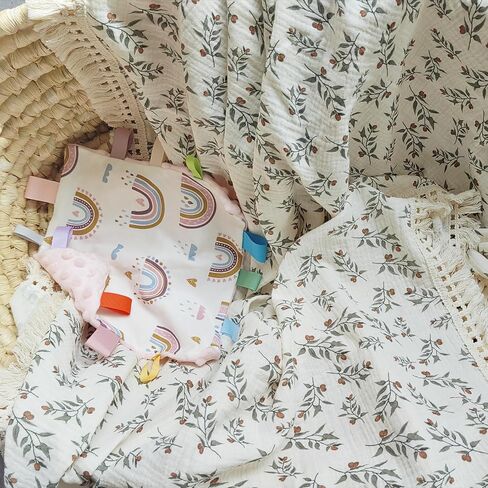 insular Cotton Muslin Baby Blanket with Tassel, Boho Bohemian Muslin Swaddle Blanket Baby Receiving Blanket with Fringe, Nursery Decor Throw or Nursing Blankets, 47" x40", Little Bear in Saudi Arabia