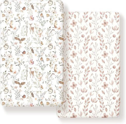 GRSSDER Stretch Ultra Soft Jersey Knit Fitted Crib Sheets Set 2 Pack，Fit All Standard Crib Mattress Pads Safe and Snug, Crib Fitted Sheet for Girls, Beautiful Blush Pink Floral and Cute Animals Print in Kuwait