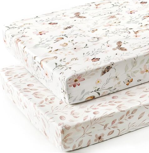 GRSSDER Stretch Ultra Soft Jersey Knit Fitted Crib Sheets Set 2 Pack，Fit All Standard Crib Mattress Pads Safe and Snug, Crib Fitted Sheet for Girls, Beautiful Blush Pink Floral and Cute Animals Print in Kuwait