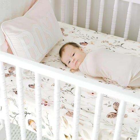 GRSSDER Stretch Ultra Soft Jersey Knit Fitted Crib Sheets Set 2 Pack，Fit All Standard Crib Mattress Pads Safe and Snug, Crib Fitted Sheet for Girls, Beautiful Blush Pink Floral and Cute Animals Print in Kuwait