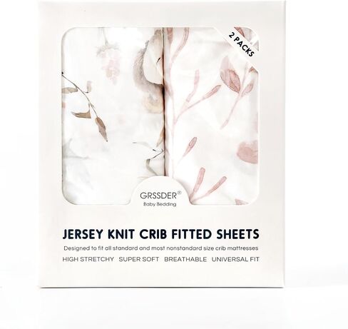 GRSSDER Stretch Ultra Soft Jersey Knit Fitted Crib Sheets Set 2 Pack，Fit All Standard Crib Mattress Pads Safe and Snug, Crib Fitted Sheet for Girls, Beautiful Blush Pink Floral and Cute Animals Print in Kuwait
