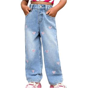 WDIRARA Girls' Heart Print Baggy Jeans High Rise Elastic Waisted Loose Denim Long Pants