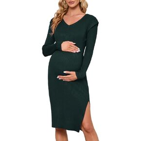 KOJOOIN Women's Maternity V Neck Sweater Dress Rib Knit Long Sleeve Bodycon Side Slit Midi Dress Fall Photoshoot Baby Shower