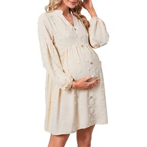 KOJOOIN Maternity Swiss Dot Dress V Neck Long Sleeve Button Down Mini Dress Baby Shower Photoshoot with Pockets