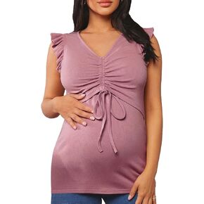MakeMeChic Women's Maternity Tops Ruffle Sleeveless V Neck Drawstring Nursing Tank Tops Pregnancy Vest Shirts