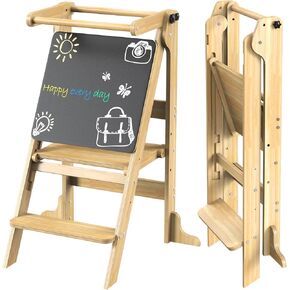 Toddler Tower for 2 Kids Foldable, Montessori Kitchen Standing Tower for Twin Toddlers 1-3, Step Stool with 3 Adjustable Heights & Chalkboard, Baby Helper Tower for Counter Bathroom Sink