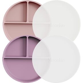 Moonkie Suction Plates for Baby | 100% Silicone BPA-Free Baby Plates with Lids and Food Cover | Divided Design | Microwave and Dishwasher Safe | Toddler Plates 3 Pack