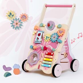 Giant bean Wooden Baby Walker for Girls Toddler Kids 1-3, Pink Butterfly Push and Pull Multiple Learning Activity Walker with Wheels, Christmas Gift Develops Motor Skills & Stimulates Creativity
