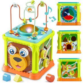 SYNCFUN Wooden Activity Cube, Jungle-Themed Montessori Toys for 1 Year Old, Educational Learning Toys with Sounds & Lights for Toddlers, Christmas Birthday Gift for Boys and Girls