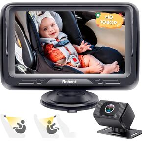 Baby Car Camera HD 1080P - Rear-Facing Infant Monitor with Night Vision, 150° Wide-Angle Lens, Anti-Glare Screen, Easy Install, 360° Adjustable Display by Rohent