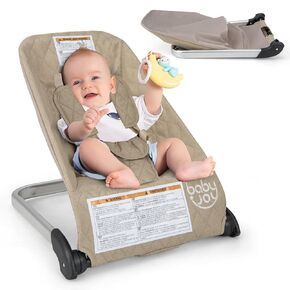 BABY JOY Baby Bouncer, Foldable Baby Bouncer Seat with 5-Point Safety Harness, Removable Fabric Cover & 3 Plush Toys, Portable Infant Bouncer for Babies 0-6 Months (Light Grey)