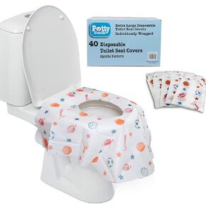 Disposable Toilet Seat Covers for Kids & Adults, 40 Pack - Protect from Public Toilet Germs While Potty Training & More - Extra Large, Waterproof, Portable, Individually Wrapped - Blue/Sports