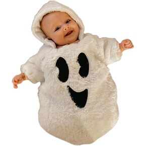 Baby Girl Boy Halloween Ghost Plush Hoodie Romper | Unisex Baby Newborn Infant Halloween Outfits Ghost/Pumpkin/Bat/Spider Hooded Romper Long Sleeve Plush Zipper Onesie Bodysuit in Kuwait