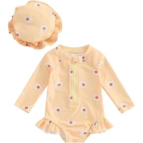 Newbgclo Infant Toddler Baby Girl One-Piece Swimsuit Floral Print Zipper Bathing Suit Ruffled Long Sleeve Rash Guard Swimwear