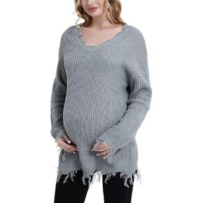 Bhome Maternity Sweater Ripped Loose V Neck One Shoulder Off Knit Maternity Pullover Long Sleeve Pregnant Sweater Top