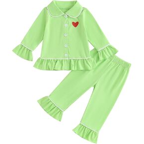 Baby Kid Girls Ruffled Cotton Pajamas Set Long Sleeve Button Down Shirts Tops and Pants Matching 2PCS Pj Lounge Sets