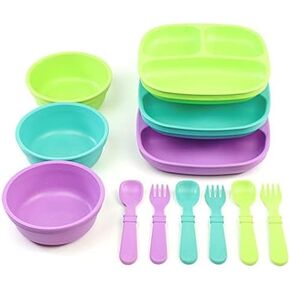 Re-Play Made in USA - 3 Meals a Day Set - 3 Divided Plates, 3 Sets of Utensils - BPA Free, Made from Environmentally Friendly Recycled Milk Jugs - Princess with 3 Wide Base Bowls