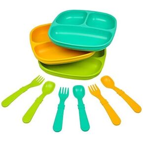 Re-Play Made in USA - 3 Meals a Day Set - 3 Divided Plates, 3 Sets of Utensils - BPA Free, Made from Environmentally Friendly Recycled Milk Jugs - Princess with 3 Wide Base Bowls in Saudi Arabia
