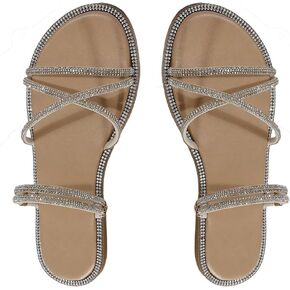 OYOANGLE Women's Rhinestone Strappy Open Toe Slide Sandals Slip on Casual Flat Sandals