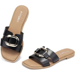 FITORY Women's Flat Sandals Fashion Square Open Toe Slides With Metal Chain Slippers for Summer Size 6-11