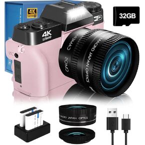 2024 Upgrade 4K 56MP Digital Camera for Photography NIKICAM Vlogging Camera for YouTube with 180° Flip Screen, WiFi,16X Digital Zoom, 52mm Lens, 2 Batteries, 32GB Micro SD Card(Pink)