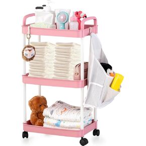 Barydat Baby Diaper Cart with Wheels and Handle 3 Tier Rolling Cart Diaper Organizer with Hanging Diaper Stacker Nursery Caddy Baby Organizer for Storage Baby Clothes, Wipes, Bibs, Table Mats (Pink)