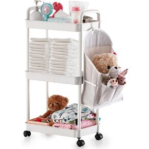 Barydat Baby Diaper Cart with Wheels and Handle 3 Tier Rolling Cart Diaper Organizer with Hanging Diaper Stacker Nursery Caddy Baby Organizer for Storage Baby Clothes, Wipes, Bibs, Changing Table Mats