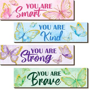 4 Pcs Butterfly Inspirational Quote Wooden Sign Bedroom Wall Decor for Daughter women Room Decor Aesthetic Wooden Hanging Wall Sign Rainbow Wall Art for Daughter Son Nursery 11.81 x 3.15 Inch