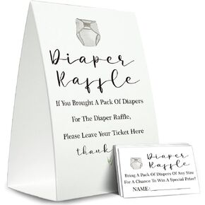 Diaper Raffle Sign,Diaper Raffle Baby Shower Game Kit (1 Standing Sign + 50 Guessing Cards),Baby Showers Decorations,Card for Baby Shower Game to Bring a Pack of Diapers-N04