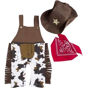 stylesilove Toddler Baby Boy Brown Cowboy Overalls, and Hat, Bandana 3-Piece Outfit for Dress Up, Birthday, Themed Party
