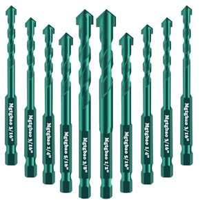 10pcs Green Concrete Drill Bit Set, Mgtgbao Masonry Drill Bit Tile Drill Bits Carbide Tip for Glass, Brick, Tile, Concrete, Plastic,Ceramic and Wood with Size 5/32"to 1/2"