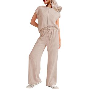 SHEWIN Women's 2 Piece Outfits Lounge Sets Casual Cap Sleeve Pullover Tops Matching Drawstring Wide Leg Pants Tracksuit Set in Kuwait