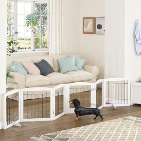 Spirich Extra Wide Dog Gates with Walk Through Door, Wooden Freestanding Pet Gate for Dog, Dog Gate for The House, Doorway, Stairs, 120" Wide Pet Puppy Safety Fence with 6 Panels (White)