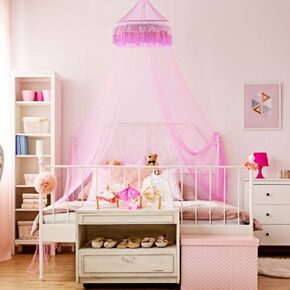 Goplus Princess Bed Canopy Netting Dome with Elegant Ruffle Lace for Girls and Baby Room Decor, Bed Curtains Mosquito Net for Twin, Full, Queen Size Beds, Pink