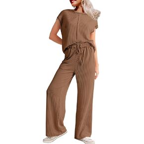 SHEWIN Women's 2 Piece Outfits Lounge Sets Casual Cap Sleeve Pullover Tops Matching Drawstring Wide Leg Pants Tracksuit Set
