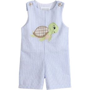 Lil cactus Light Blue Stripe Turtle Applique Shortalls