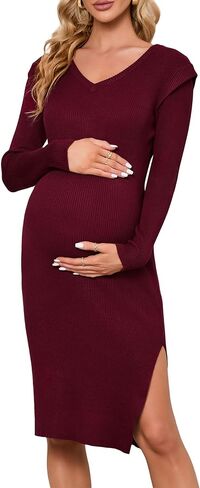 KOJOOIN Women's Maternity V Neck Sweater Dress Rib Knit Long Sleeve Bodycon Side Slit Midi Dress Fall Photoshoot Baby Shower in Saudi Arabia