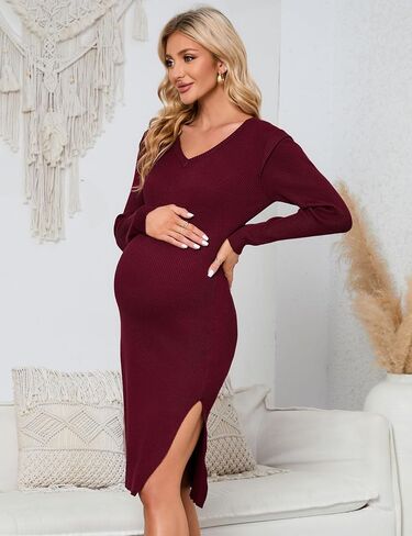 KOJOOIN Women's Maternity V Neck Sweater Dress Rib Knit Long Sleeve Bodycon Side Slit Midi Dress Fall Photoshoot Baby Shower in Saudi Arabia