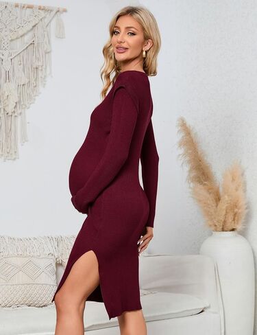 KOJOOIN Women's Maternity V Neck Sweater Dress Rib Knit Long Sleeve Bodycon Side Slit Midi Dress Fall Photoshoot Baby Shower in Saudi Arabia